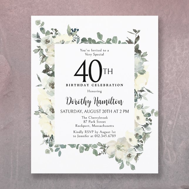 Papier Budget 40e anniversaire Invitation florale blanche (Créateur téléchargé)