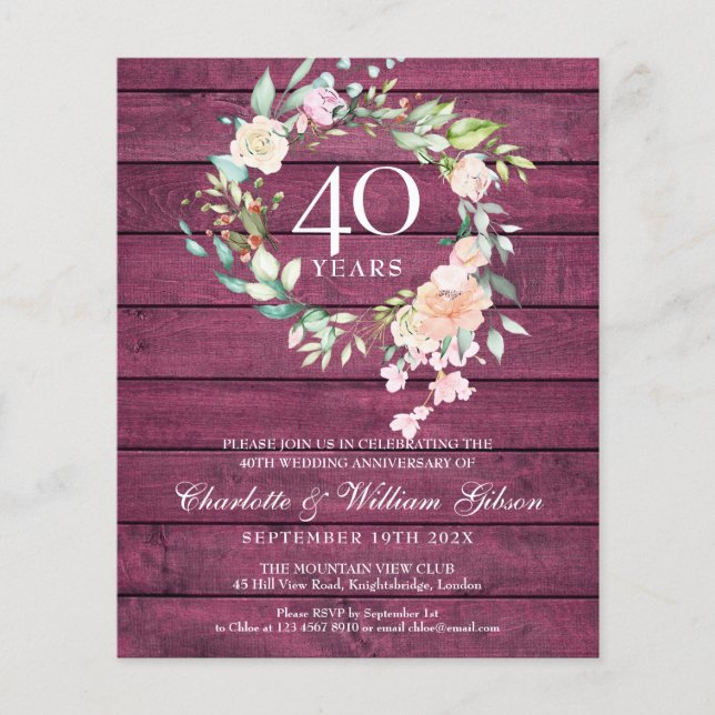 Papier Budget 40e anniversaire Rustic Ruby Invitation (Devant)
