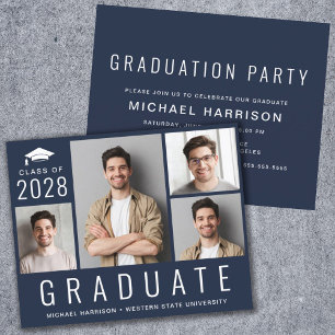 Papier Budget 4 Photo Blue Graduation Party Invitation