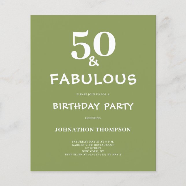 Papier Budget 50 et fabuleuse invitation à l'anniversaire (Devant)