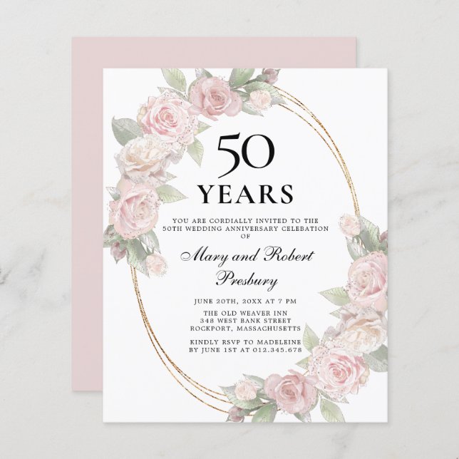 Papier Budget 50e anniversaire Invitation florale rose (Devant / Derrière)