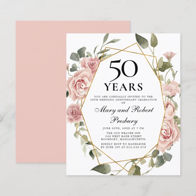 Papier Budget 50e anniversaire Invitation florale rose (Devant / Derrière)