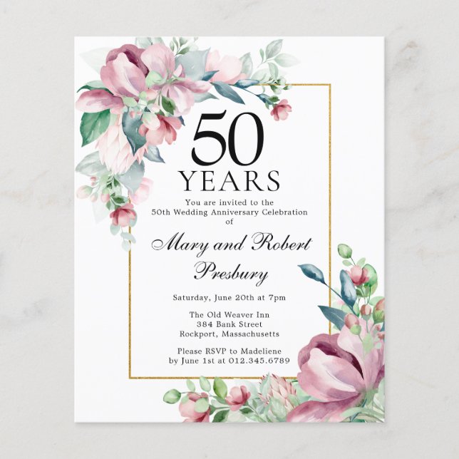 Papier Budget 50e anniversaire Invitation florale rose (Devant)