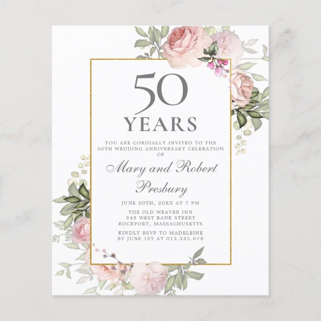 Papier Budget 50e anniversaire Invitation florale rose (Devant)