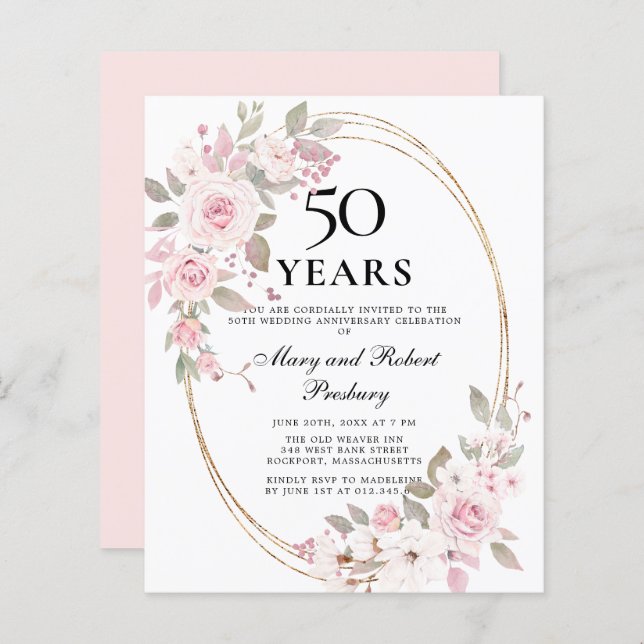 Papier Budget 50e anniversaire Invitation florale rose (Devant / Derrière)