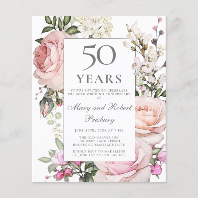 Papier Budget 50e anniversaire Invitation rose florale (Devant)