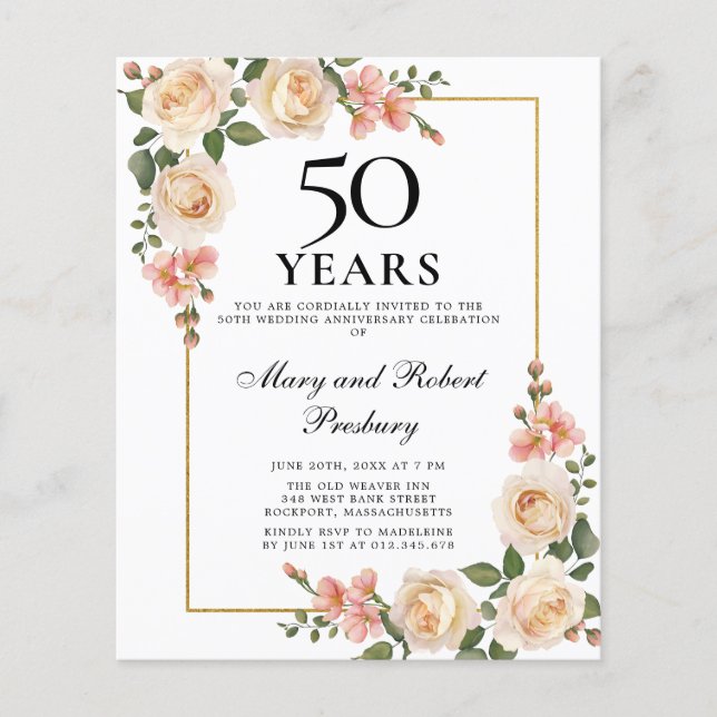 Papier Budget 50e anniversaire Invitation Rose ivoire Flo (Devant)