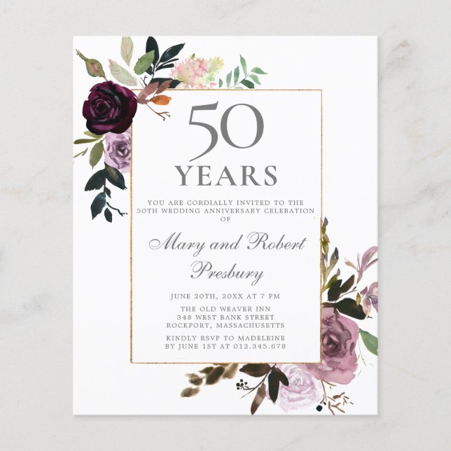Papier Budget 50e anniversaire Invitation violet rose flo (Devant)