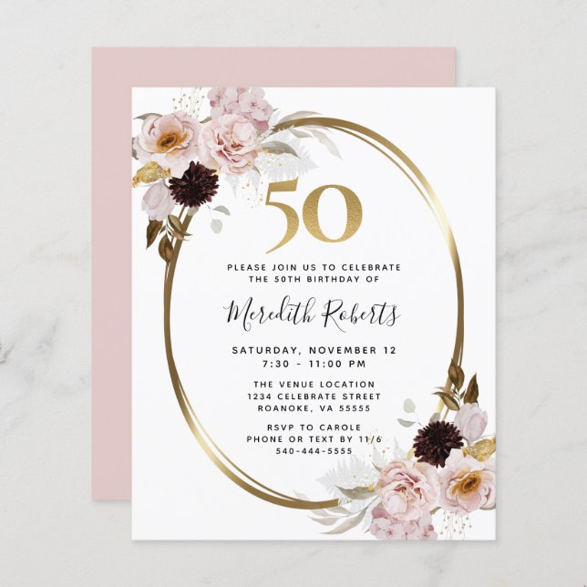 Papier Budget 50e anniversaire Roses et Invitation Gold P (Devant / Derrière)