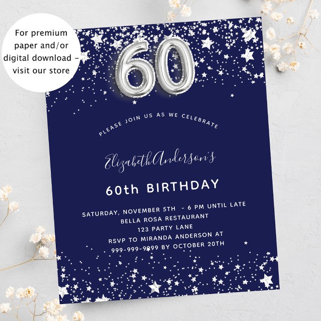 Papier Budget 60e anniversaire marine bleu argent invitat (Créateur téléchargé)