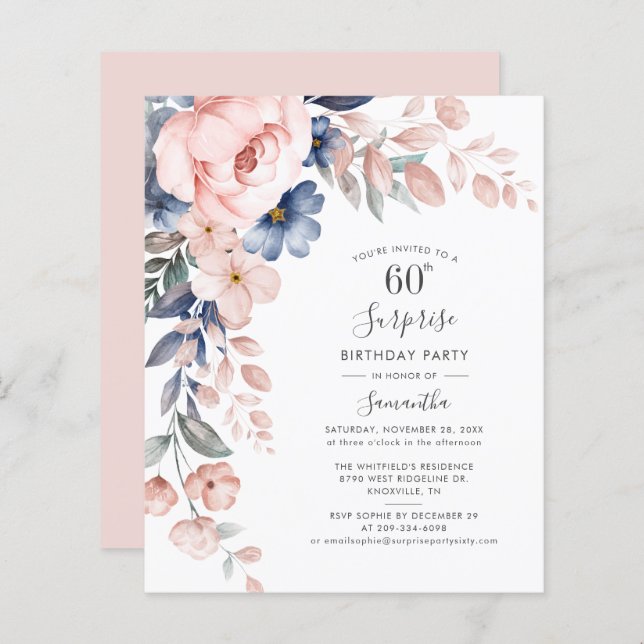 Papier Budget 60e anniversaire Pink Floral Party Invitati (Devant / Derrière)
