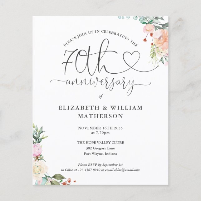 Papier Budget 70e Anniversaire Coeur Floral Invitation (Devant)