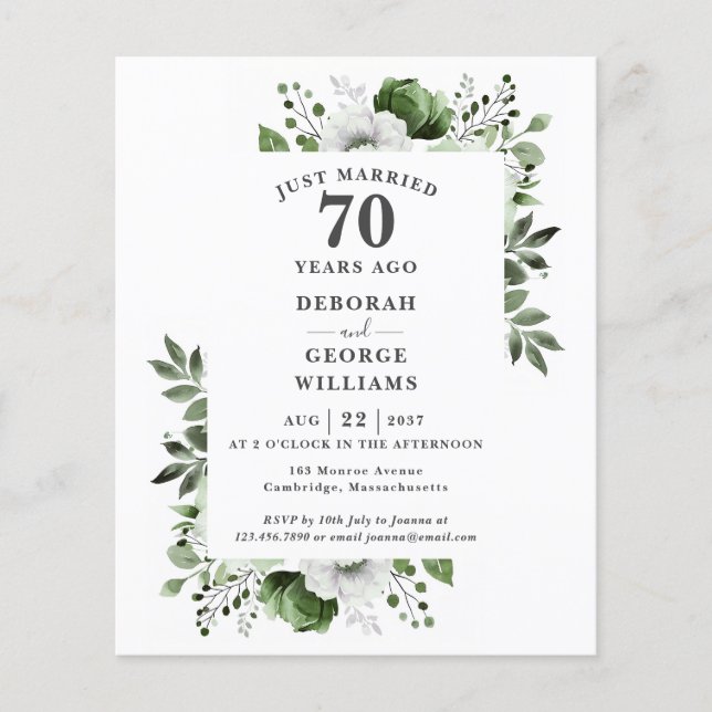 Papier Budget 70e anniversaire du Mariage Invitation flor (Devant)