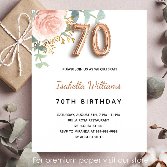 Papier Budget 70e anniversaire floral rose d'or eucalyptu (Créateur téléchargé)