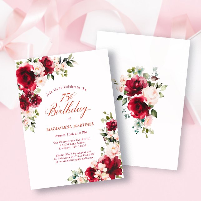 Papier BUDGET 75th Birthday Red Pink Rose Invitation (Créateur téléchargé)