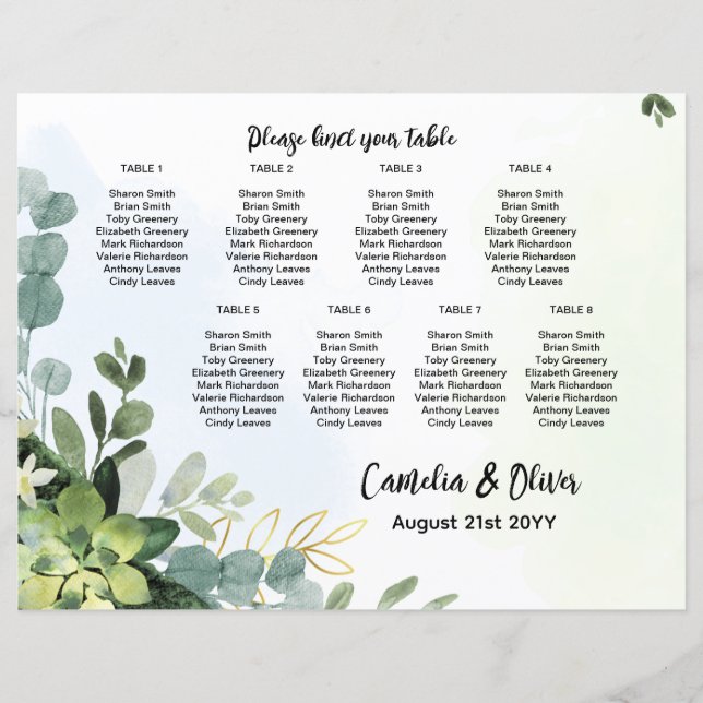 Papier BUDGET 8 Tableau Tableau Mariage Places vertes (Devant)