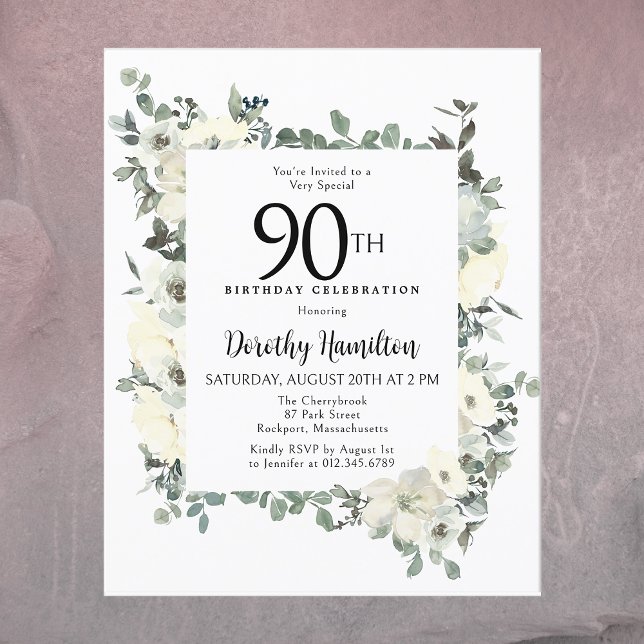 Papier Budget 90e anniversaire Invitation florale blanche (It's time to Celebrate!)