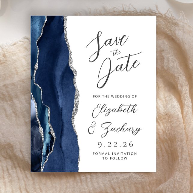 Papier Budget Agate Bleu Marine Argent Script Enregistrez (Créateur téléchargé)
