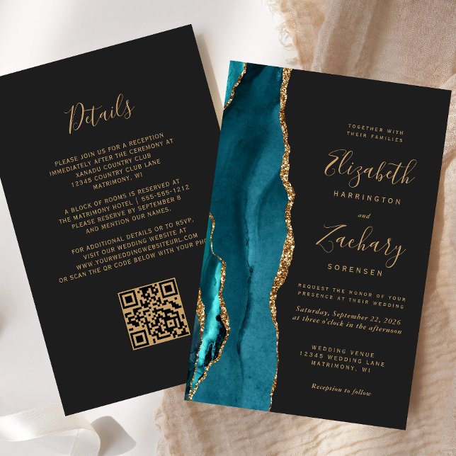 Papier Budget Agate Bleu Sarcelle Foncé Code QR Mariage (Créateur téléchargé)