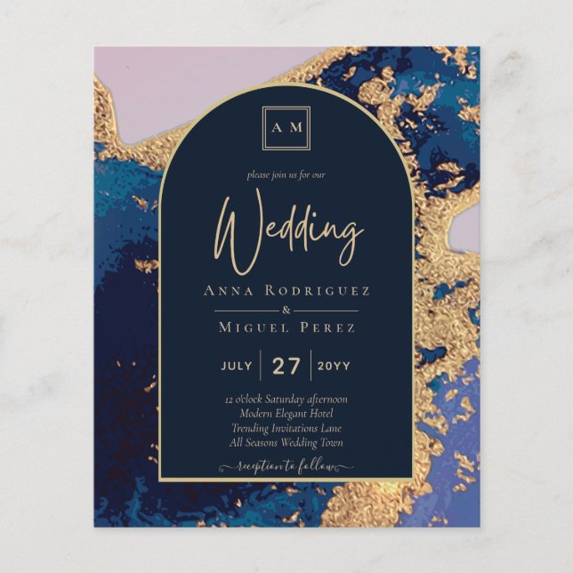 Papier Budget Agate Blue Gold Wedding Inviter QR Code RSV (Devant)