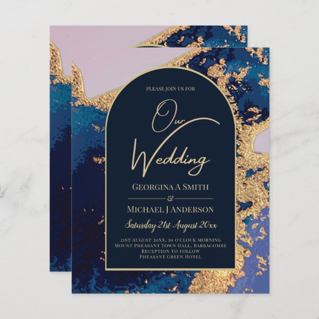 Papier Budget Agate Blue Gold Wedding Inviter QR Code RSV (Devant / Derrière)