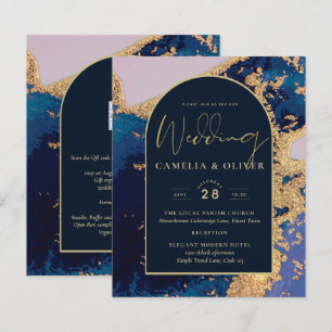 Papier Budget Agate Blue Gold Wedding Inviter QR Code RSV