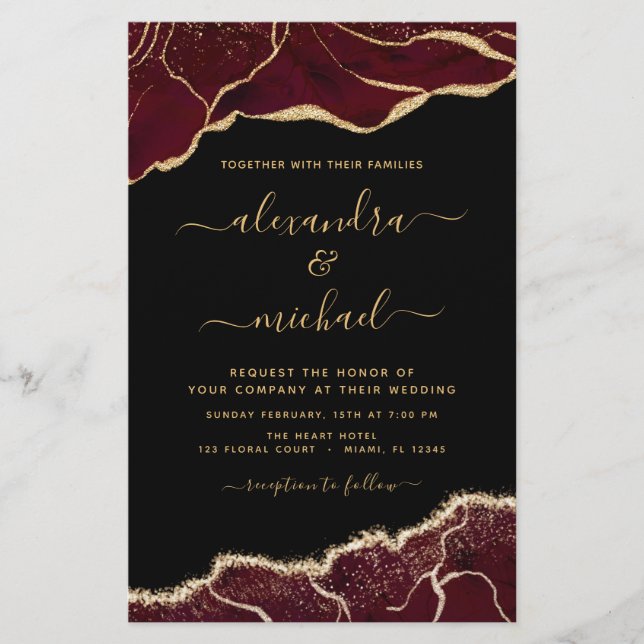 Papier Budget Agate Bourgogne Faire-part de mariage or (Devant)