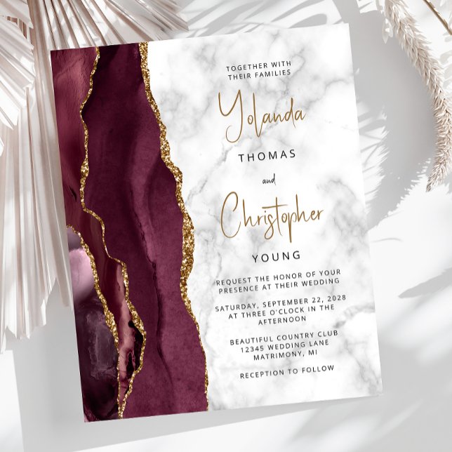 Papier Budget Agate Marbre Bourgogne Gold Wedding Invitat (Créateur téléchargé)
