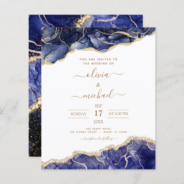 Papier Budget Agate Marine Blue Gold Mariage (Devant / Derrière)