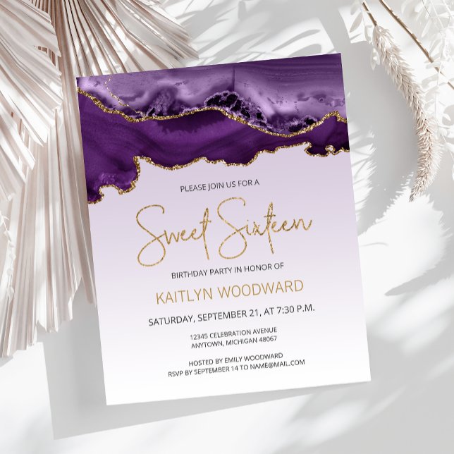 Papier Budget Agate Purple Ombre Gold Sweet 16 Invitation (Créateur téléchargé)