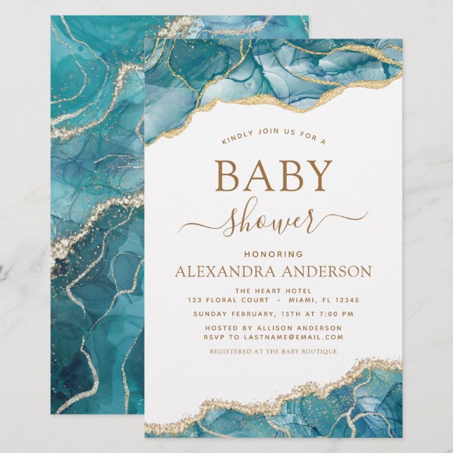 Papier Budget Agate Turquoise Baby shower Turquoise Or (Devant / Derrière)