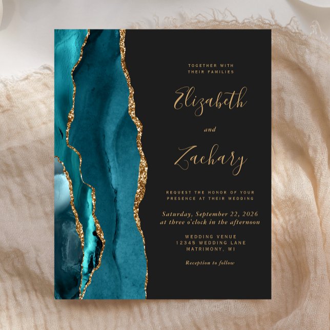 Papier Budget Agate Turquoise Gold Dark Faire-part de mar (Créateur téléchargé)