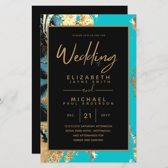 Papier BUDGET Agate Turquoise Turquoise Gold Wedding Invi (Devant / Derrière)