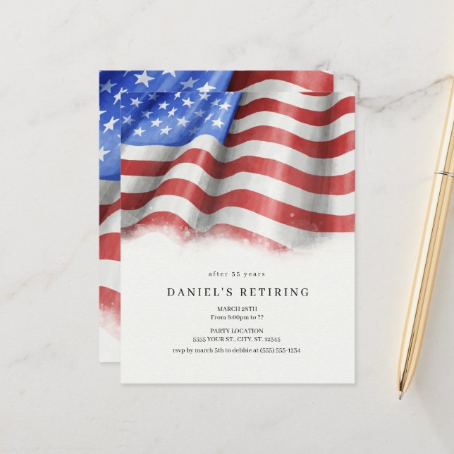 Papier Budget American Flag Retraite Party Invitations (Devant/Arrière en situation)