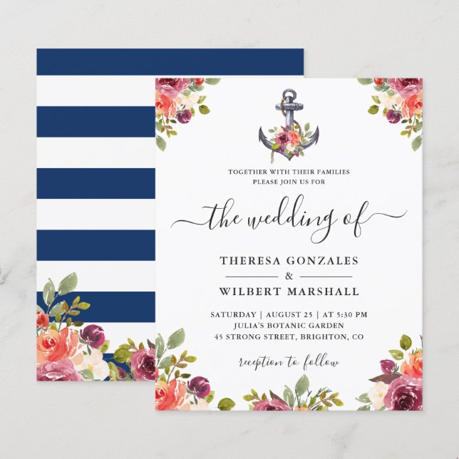 Papier Budget Ancre nautique Floral Wedding Invitations (Devant / Derrière)