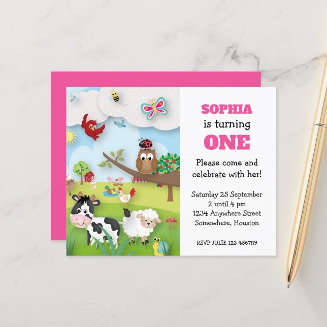 Papier Budget Animaux de ferme Invitation d'anniversaire (Devant/Arrière en situation)