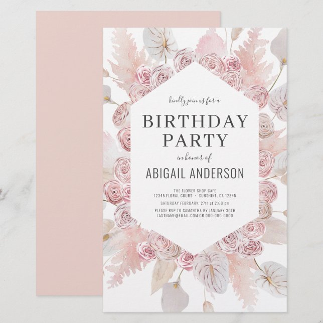 Papier Budget Anniversaire Boho Blush Pink Party Invitati (Devant / Derrière)
