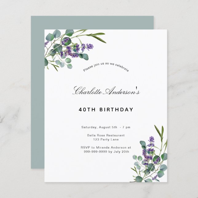 Papier Budget anniversaire eucalyptus lavande invitation (Devant / Derrière)