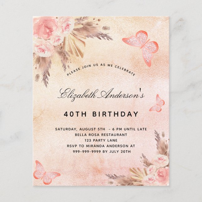 Papier Budget anniversaire papillon pampas herbe blush bo (Devant)