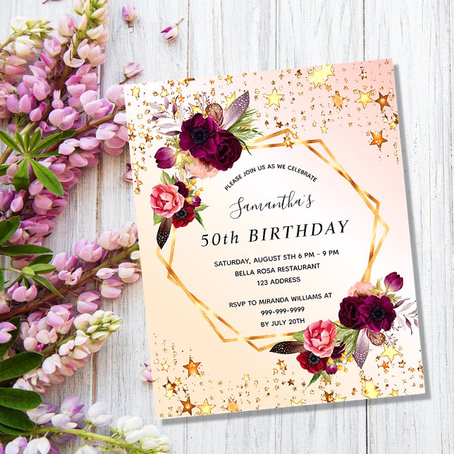 Papier Budget Anniversaire rose or florales invitation (Créateur téléchargé)