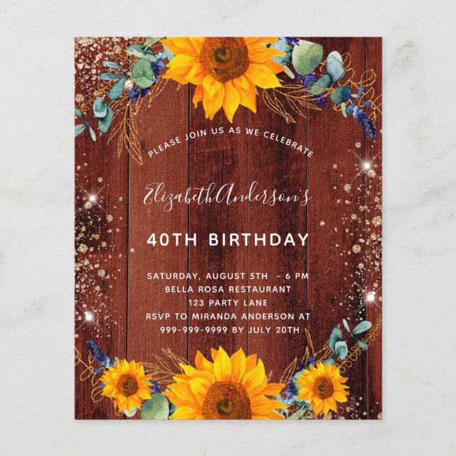 Papier Budget anniversaire tournesol bois brun rustique (Devant)