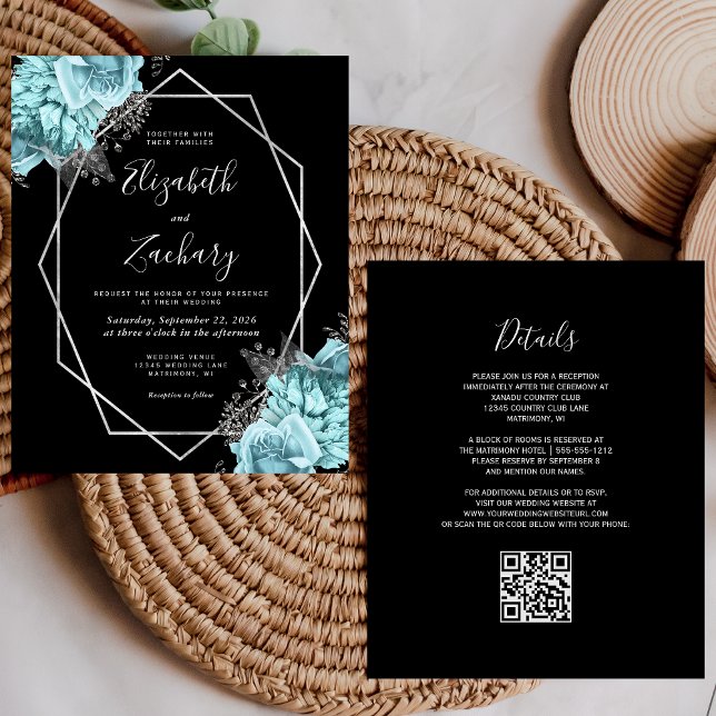 Papier Budget Aqua Silver Floral Black QR Code Wedding (Créateur téléchargé)