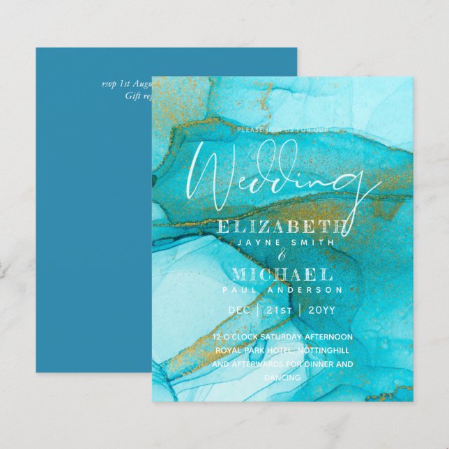 Papier BUDGET Aqua Watercolor Wedding Inviter Ocean Beach (Devant / Derrière)