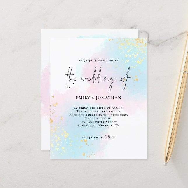 Papier Budget Aquarelle bleu rose Faire-part de mariage (Devant/Arrière en situation)