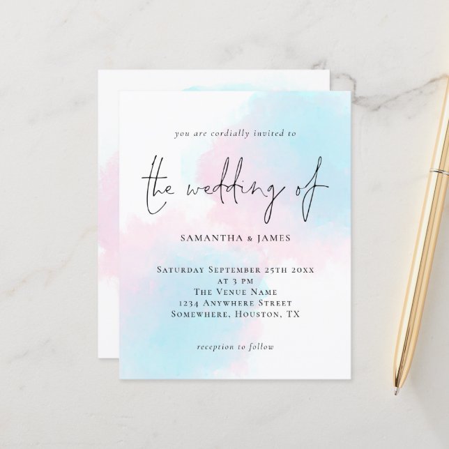 Papier Budget Aquarelle bleu rose Faire-part de mariage (Devant/Arrière en situation)