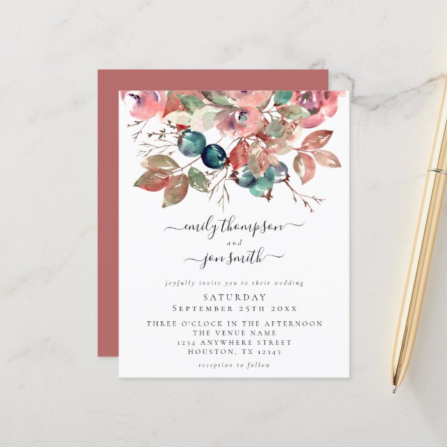 Papier Budget Aquarelle Faire-part de mariage de fleurs r (Devant/Arrière en situation)