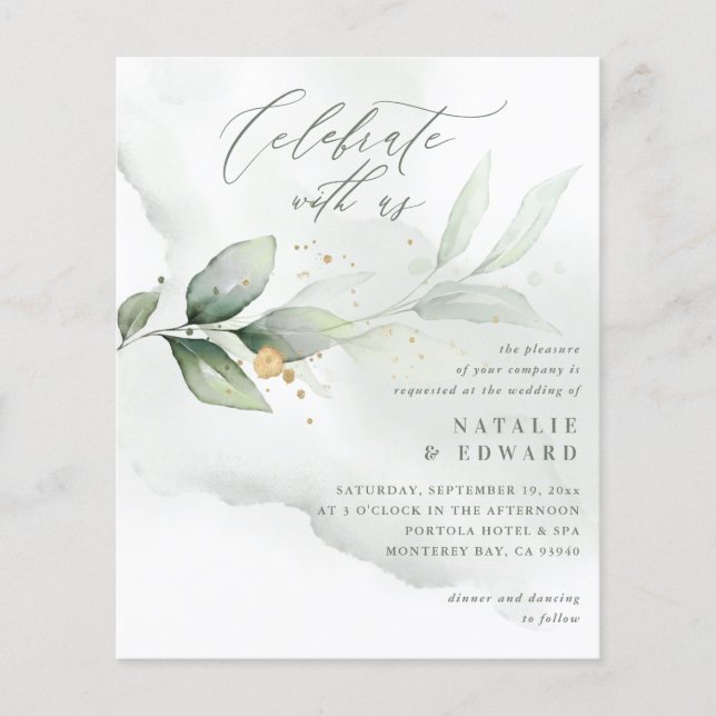 Papier budget Aquarelle feuillage vert or mariage (Devant)