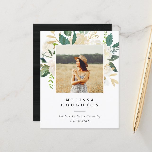 Papier Budget Aquarelle Fleurs Photo Graduation Party (Devant/Arrière en situation)