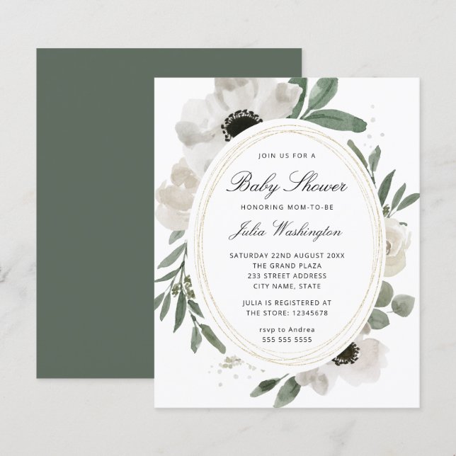 Papier Budget Aquarelle verte Baby shower Invitation (Devant / Derrière)