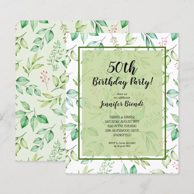 Papier Budget Aquarelle verte Invitation Anniversaire (Devant / Derrière)